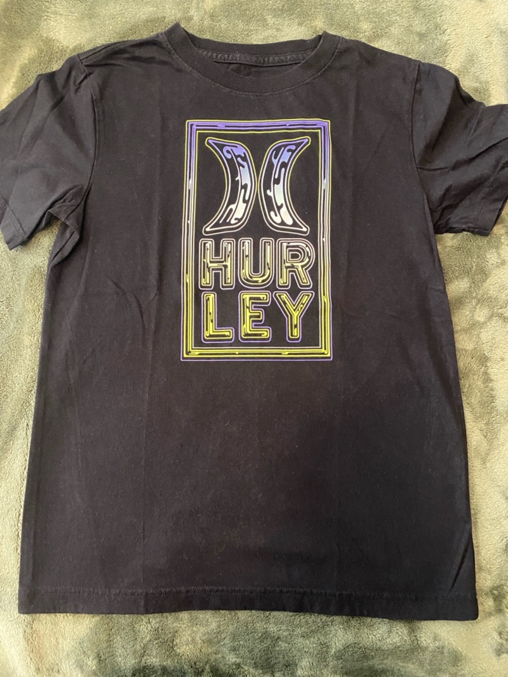 Hurley Black Tee with Purple and Lime Graphic